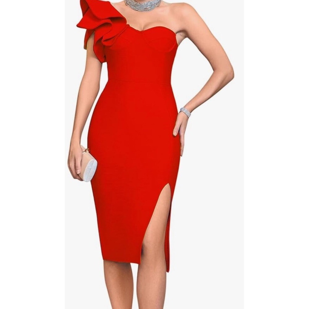 Red One Shoulder Bodycon Midi Dress Women's Small Cocktail‎ Event Party Holiday